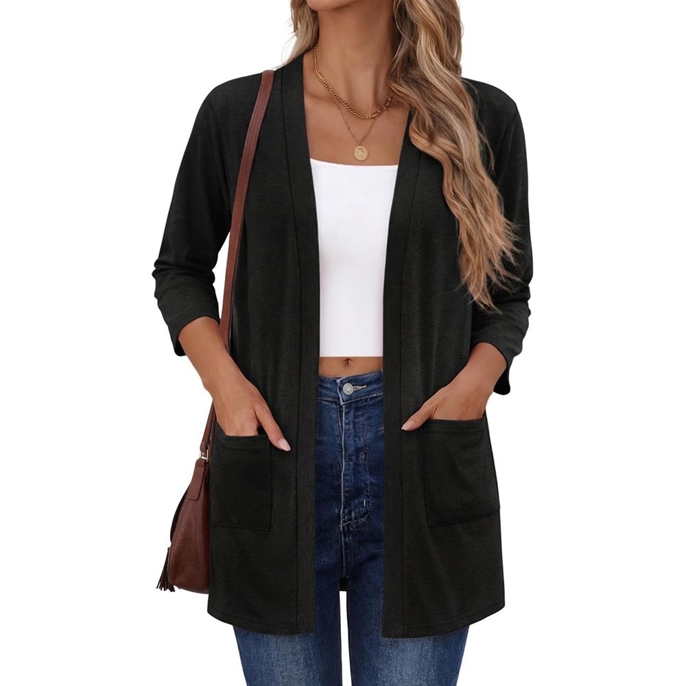 image:imageZeagoo Womens 34 Sleeve Lightweight Cardigan Casual Open Front CardigansAblack