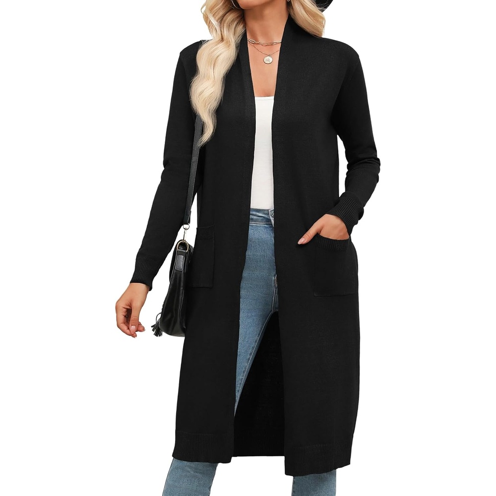 image:imageZeagoo Womens Long Cardigan Sweaters Lightweight Sweater Long Sleeve Open Front Casual Knit Duster Cardigans with PocketBlack