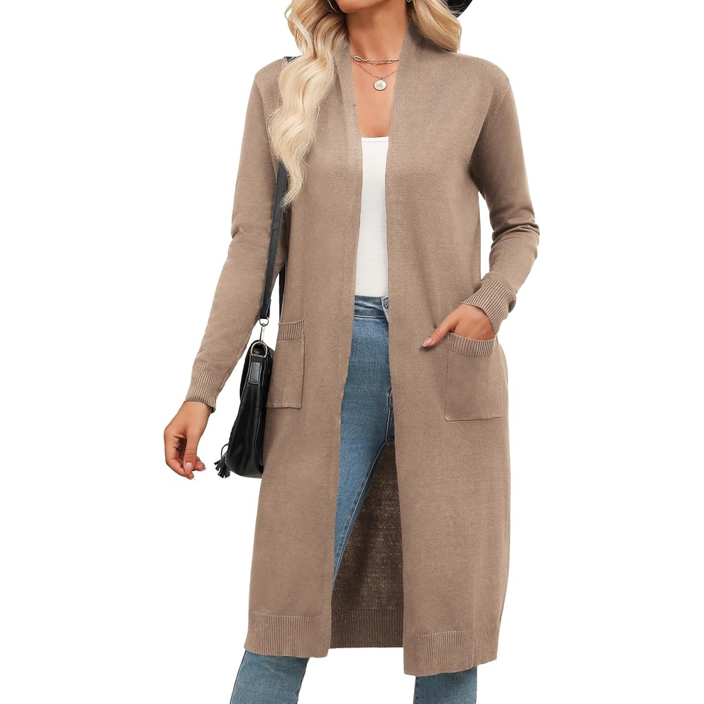 image:imageZeagoo Womens Long Cardigan Sweaters Lightweight Sweater Long Sleeve Open Front Casual Knit Duster Cardigans with PocketKhaki