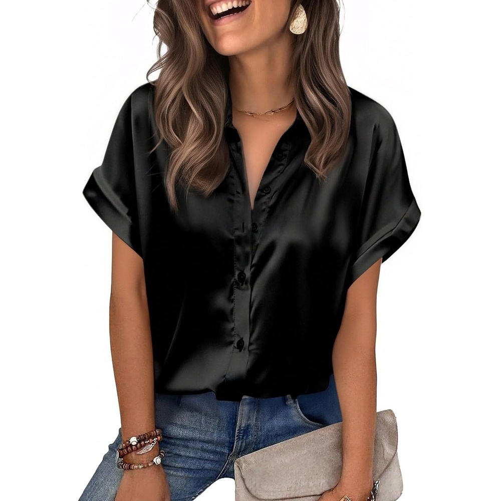 image:imageZeagoo Womens Satin Blouse Short Sleeve Silk Tops Button Down ShirtsBlack