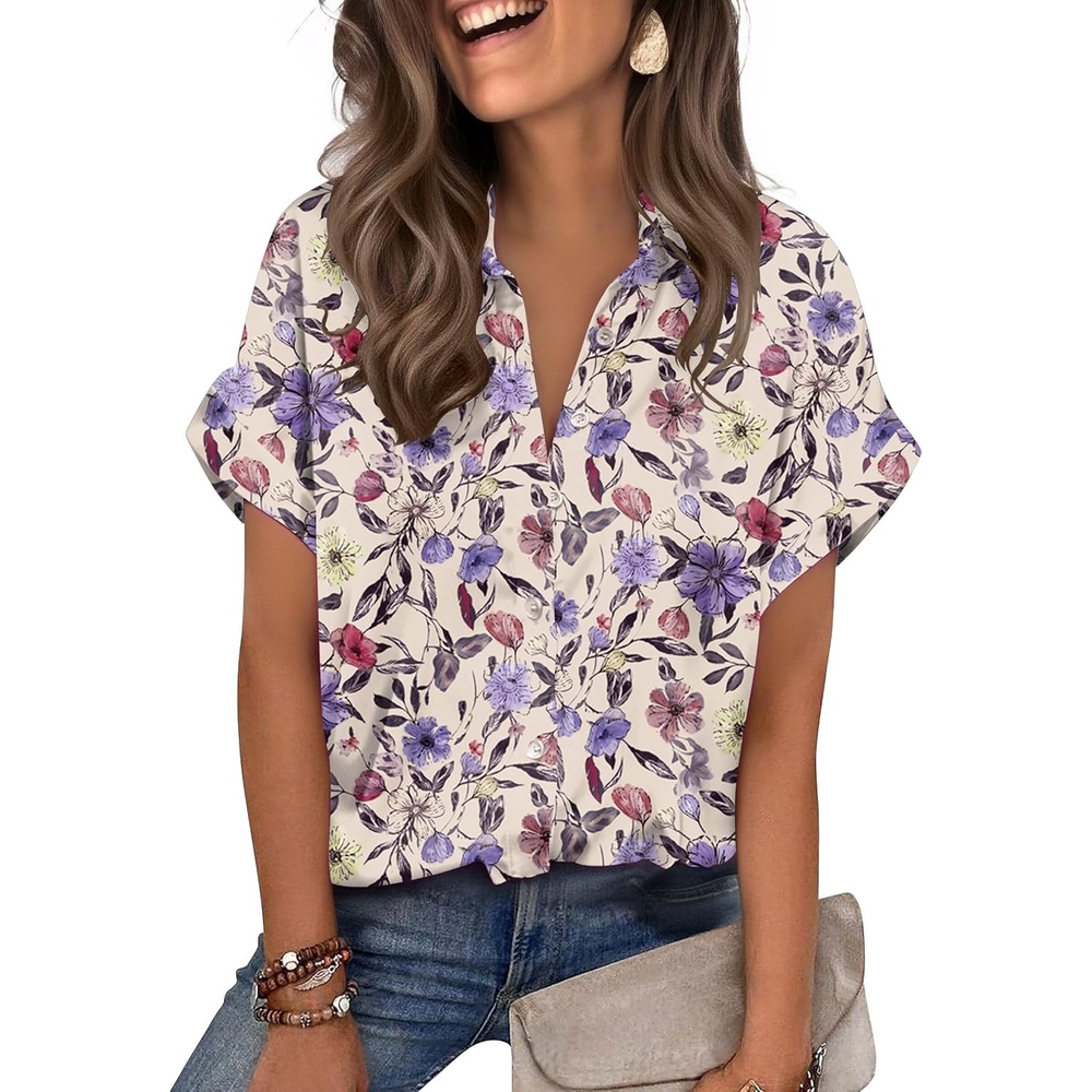 image:imageZeagoo Womens Satin Blouse Short Sleeve Silk Tops Button Down ShirtsFlorala