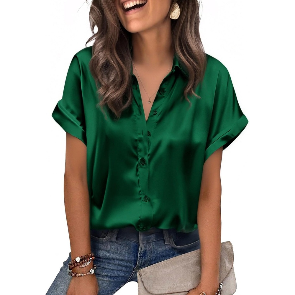 image:imageZeagoo Womens Satin Blouse Short Sleeve Silk Tops Button Down ShirtsGreen