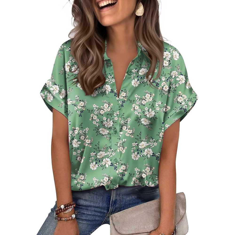 image:imageZeagoo Womens Satin Blouse Short Sleeve Silk Tops Button Down ShirtsGreen Floral