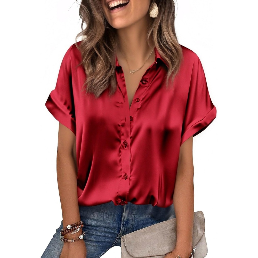 image:imageZeagoo Womens Satin Blouse Short Sleeve Silk Tops Button Down ShirtsRed