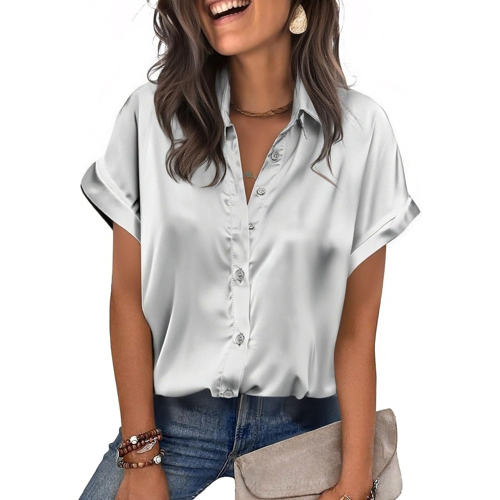 image:imageZeagoo Womens Satin Blouse Short Sleeve Silk Tops Button Down ShirtsSilver Grey
