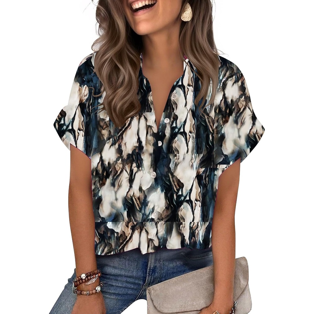 image:imageZeagoo Womens Satin Blouse Short Sleeve Silk Tops Button Down ShirtsTie Dye Navy