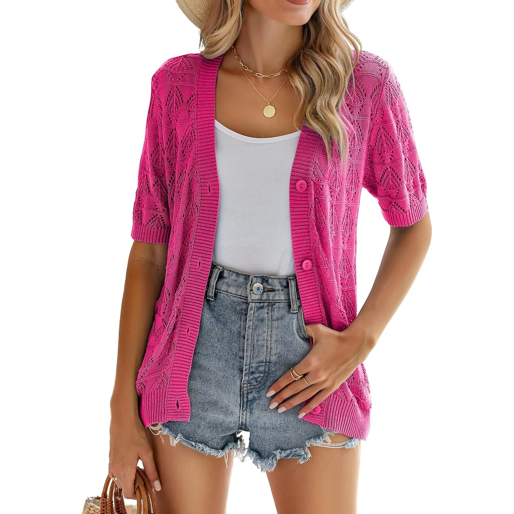 image:imageZeagoo Womens Short Sleeve Sweaters 2026 Summer Crochet Cropped CardiganRose