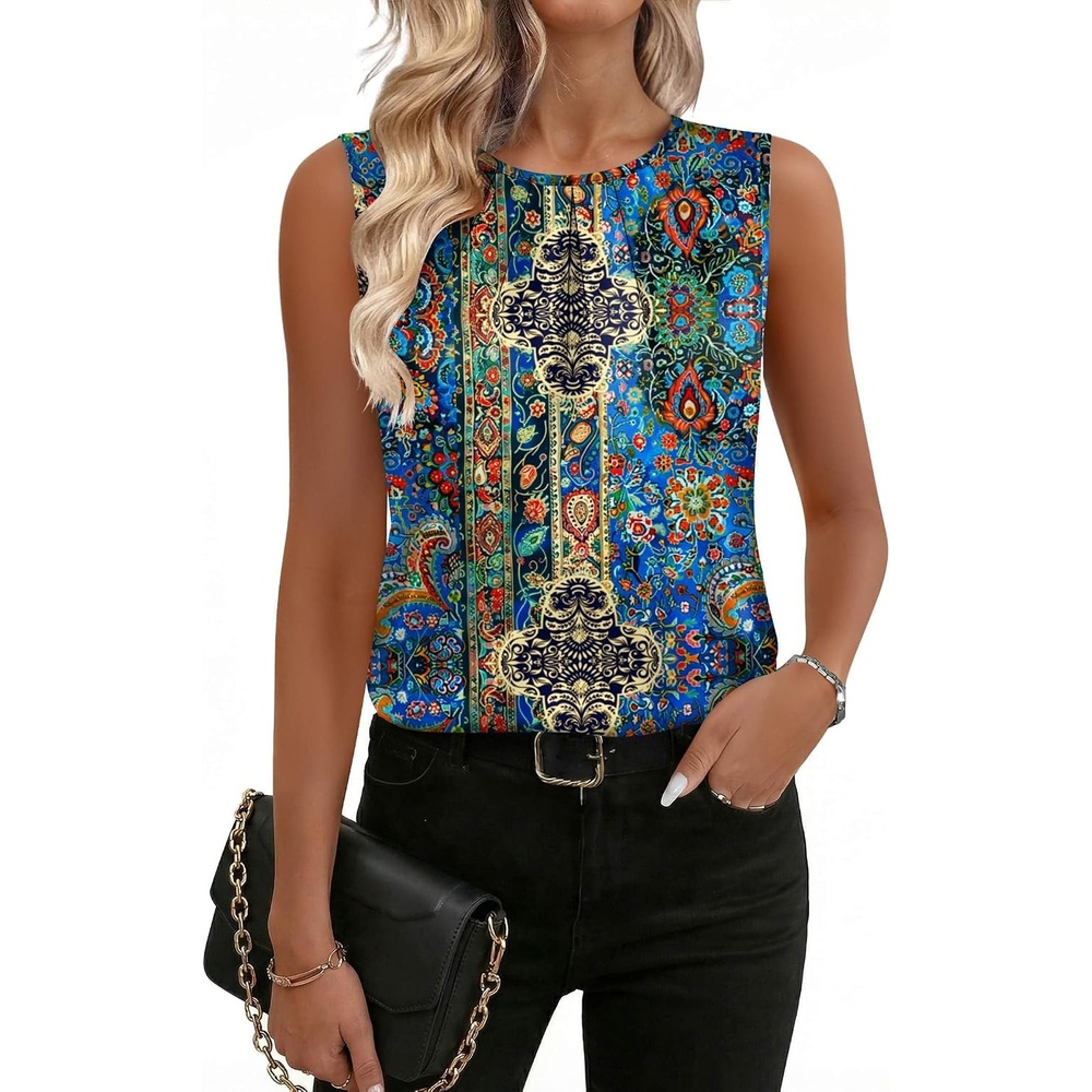 image:imageZeagoo Womens Silk Satin Tank Tops Crew Neck Pleated Camisole Sleeveless Business Work Blouse Dressy Casual Summer ShirtBlue Flower