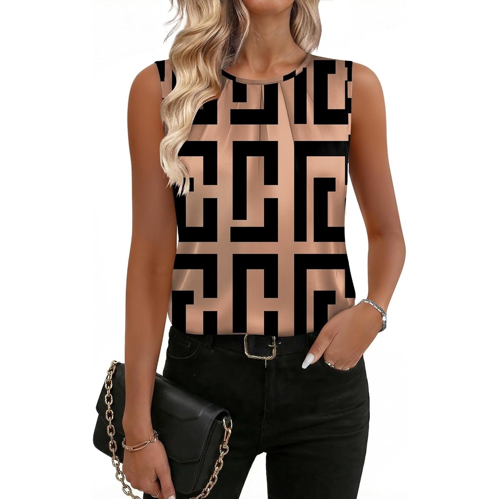 image:imageZeagoo Womens Silk Satin Tank Tops Crew Neck Pleated Camisole Sleeveless Business Work Blouse Dressy Casual Summer ShirtBrown Black Print