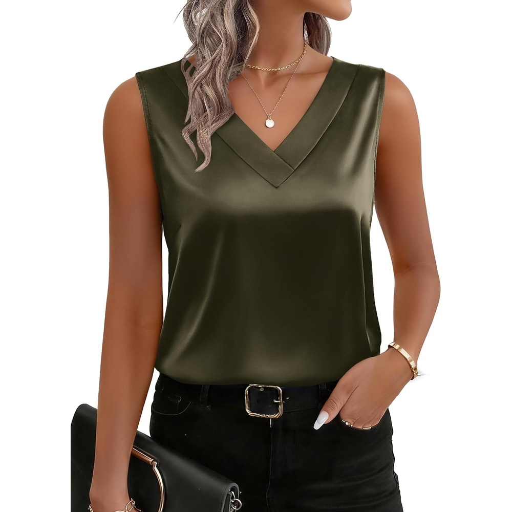 image:imageZeagoo Womens Silk Satin Tank Tops V Neck Camisoles Sleeveless BlousesArmy Green