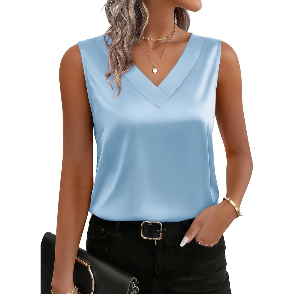 image:imageZeagoo Womens Silk Satin Tank Tops V Neck Camisoles Sleeveless BlousesLight Blue