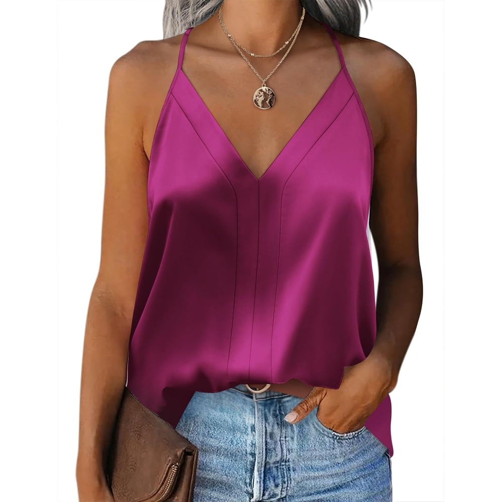 image:imageZeagoo Womens Silk Satin Tank Tops V Neck Sleeveless Blouse Camisole TopRose Red