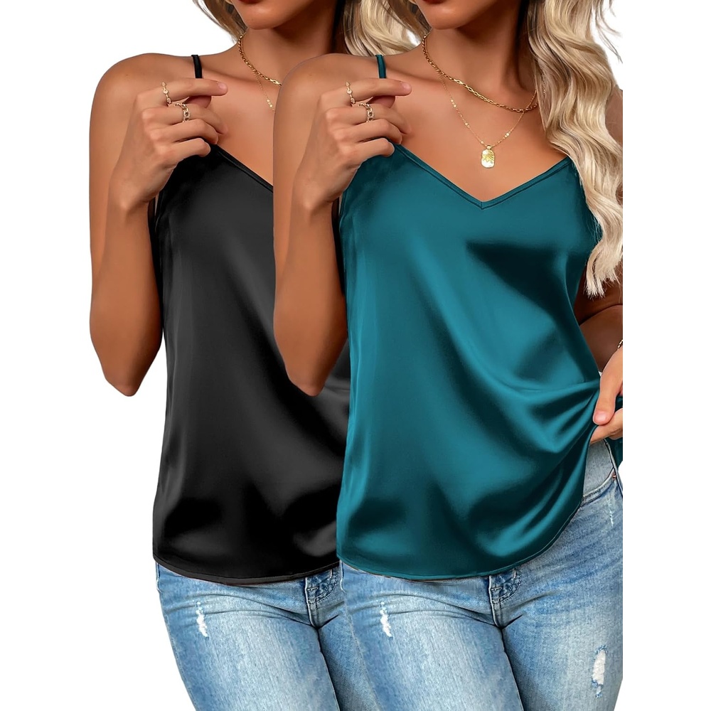 image:imageZeagoo Womens Silk Satin Tank Tops V Neck Sleeveless Camisole Basic Blouse2 Pack Blackblue Green