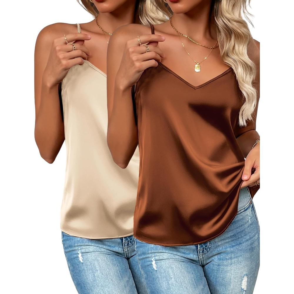 image:imageZeagoo Womens Silk Satin Tank Tops V Neck Sleeveless Camisole Basic Blouse2 Pack Caramellight Khaki