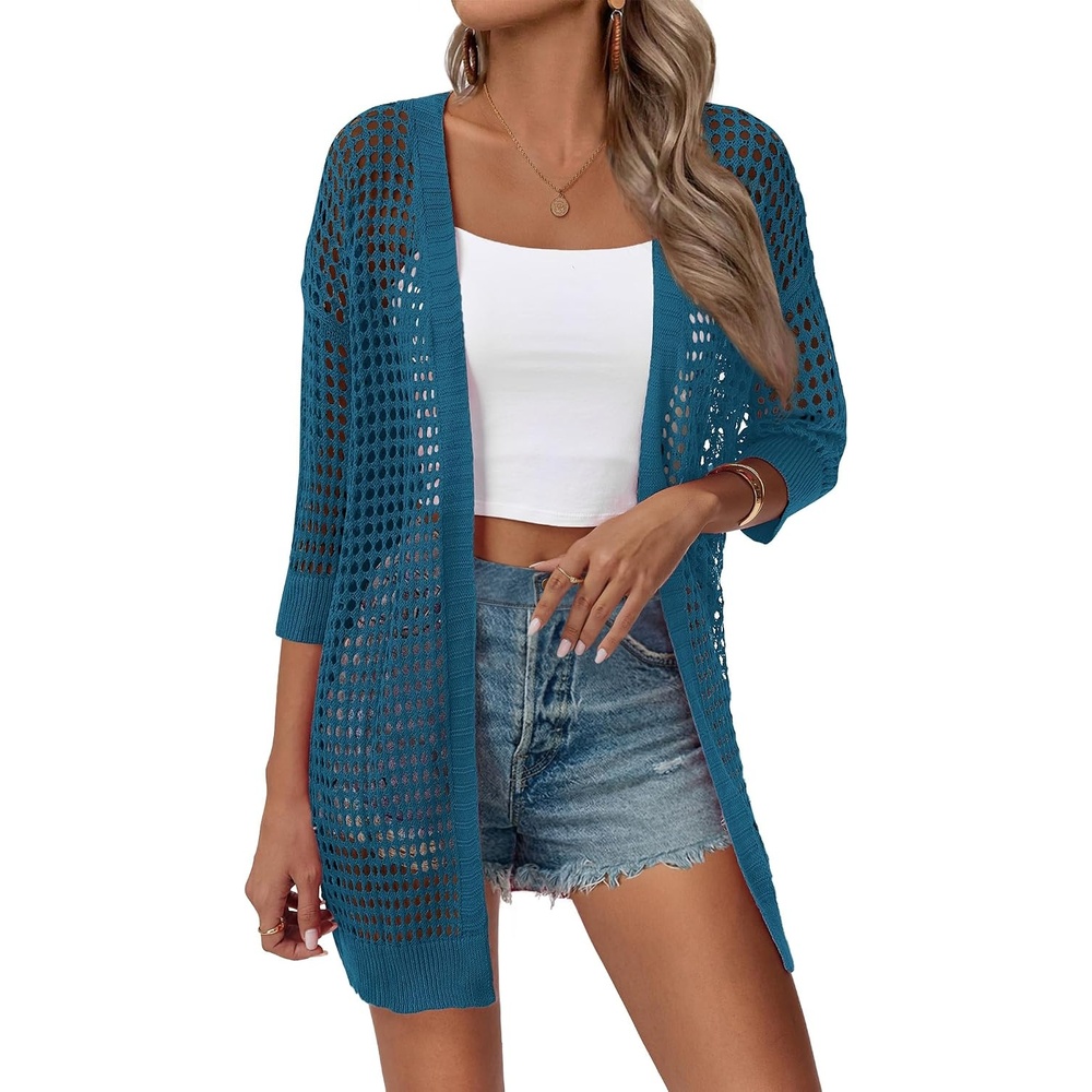 image:imageZeagoo Womens Summer Crochet Cardigan Boho Kimono Oversized Sweater Tops02 Lake Blue