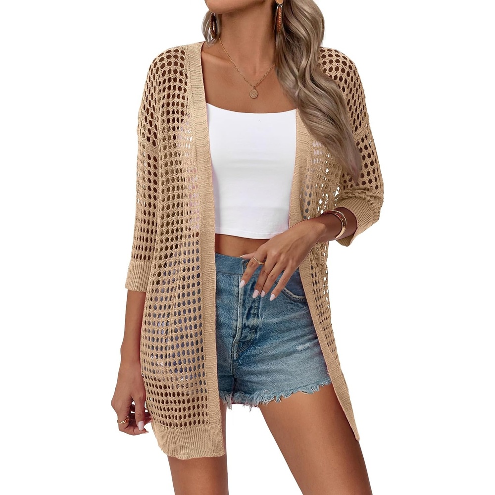 image:imageZeagoo Womens Summer Crochet Cardigan Boho Kimono Oversized Sweater TopsKhaki