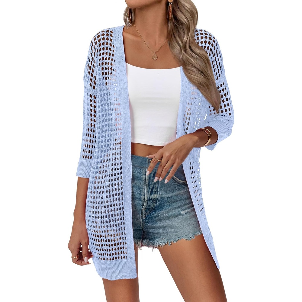 image:imageZeagoo Womens Summer Crochet Cardigan Boho Kimono Oversized Sweater TopsLight Blue