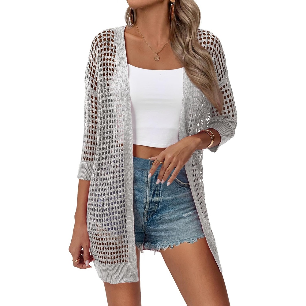 image:imageZeagoo Womens Summer Crochet Cardigan Boho Kimono Oversized Sweater TopsLight Grey