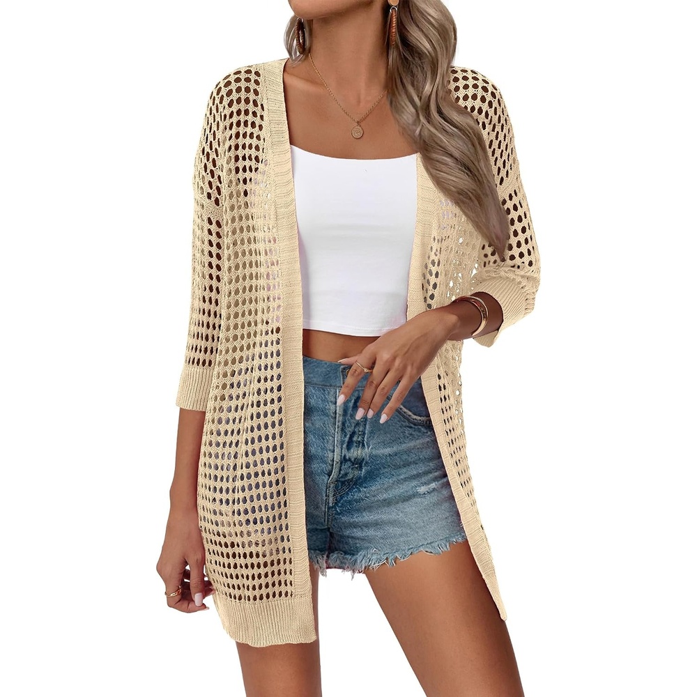 image:imageZeagoo Womens Summer Crochet Cardigan Boho Kimono Oversized Sweater TopsLight Khaki
