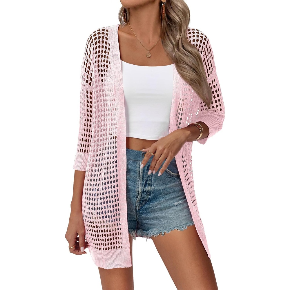 image:imageZeagoo Womens Summer Crochet Cardigan Boho Kimono Oversized Sweater TopsLight Pink