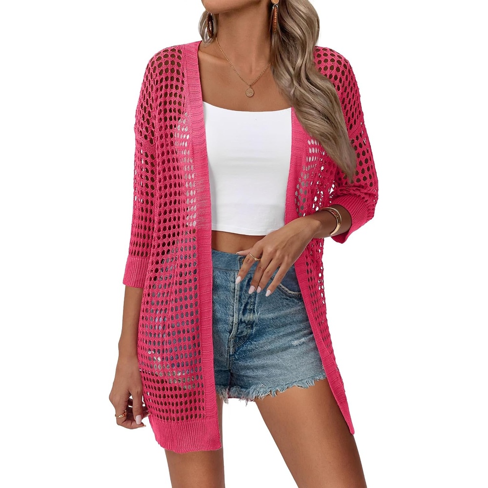 image:imageZeagoo Womens Summer Crochet Cardigan Boho Kimono Oversized Sweater TopsRose Red