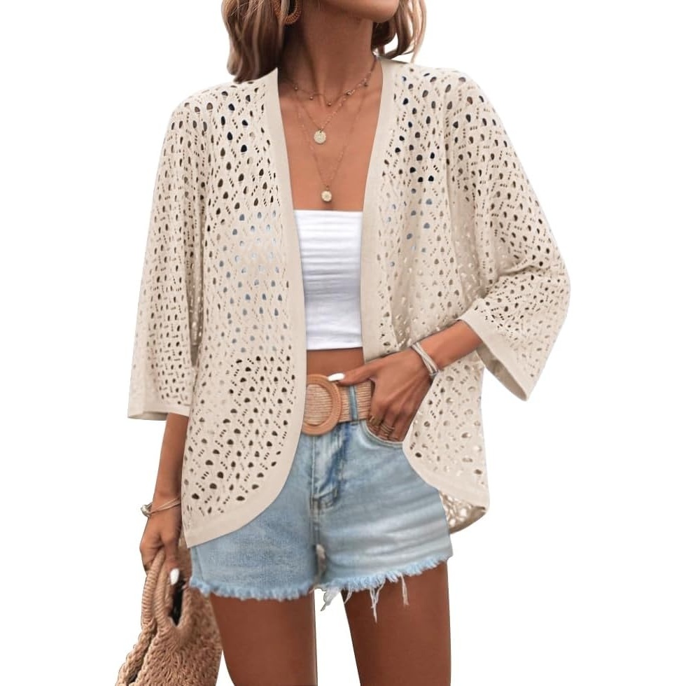 image:imageZeagoo Womens Summer Crochet Cardigan Sweaters 34 Sleeve Batwing KimonoApricot