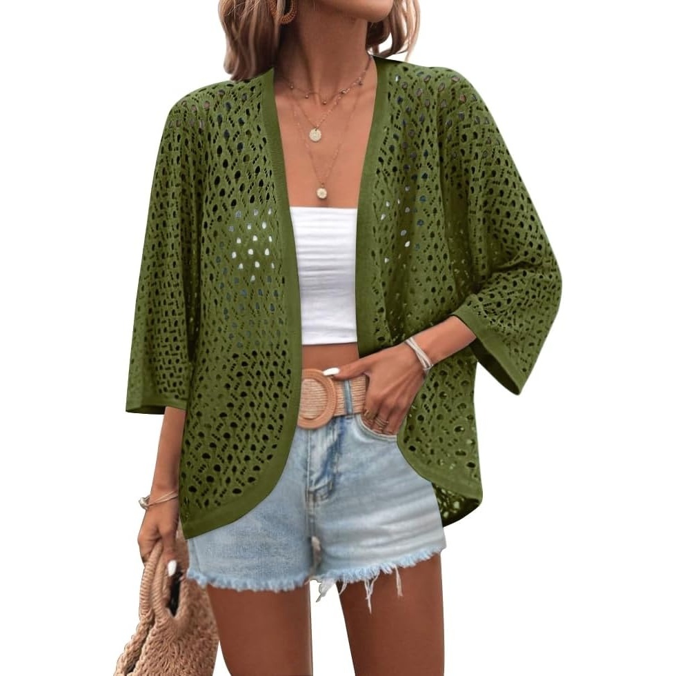 image:imageZeagoo Womens Summer Crochet Cardigan Sweaters 34 Sleeve Batwing KimonoArmy Green