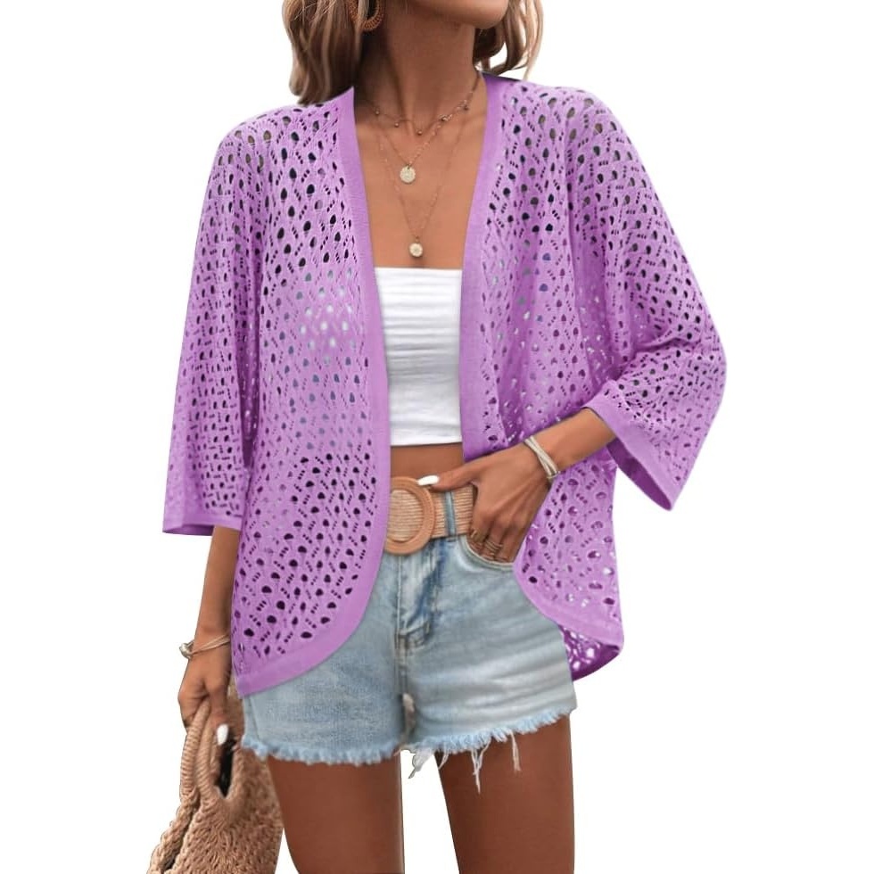image:imageZeagoo Womens Summer Crochet Cardigan Sweaters 34 Sleeve Batwing KimonoPurple