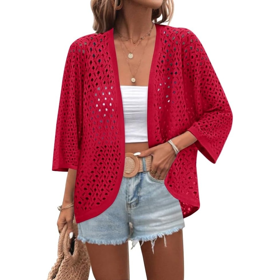 image:imageZeagoo Womens Summer Crochet Cardigan Sweaters 34 Sleeve Batwing KimonoWine Red