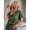 Zeagoo Satin Blouses for Women Silk Button Down Shirts Short Sleeve Tops Work Business Casual Summer Outfits(Army Green)