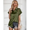 Zeagoo Satin Blouses for Women Silk Button Down Shirts Short Sleeve Tops Work Business Casual Summer Outfits(Army Green)
