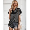 Zeagoo Satin Blouses for Women Silk Button Down Shirts Short Sleeve Tops Work Business Casual Summer Outfits(Black)