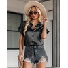 Zeagoo Satin Blouses for Women Silk Button Down Shirts Short Sleeve Tops Work Business Casual Summer Outfits(Black)