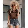 Zeagoo Satin Blouses for Women Silk Button Down Shirts Short Sleeve Tops Work Business Casual Summer Outfits(Brown)