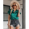 Zeagoo Satin Blouses for Women Silk Button Down Shirts Short Sleeve Tops Work Business Casual Summer Outfits(Green)
