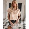 Zeagoo Satin Blouses for Women Silk Button Down Shirts Short Sleeve Tops Work Business Casual Summer Outfits(Light Brown)