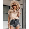 Zeagoo Satin Blouses for Women Silk Button Down Shirts Short Sleeve Tops Work Business Casual Summer Outfits(Light Brown)