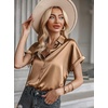 Zeagoo Satin Blouses for Women Silk Button Down Shirts Short Sleeve Tops Work Business Casual Summer Outfits(Light Coffee)