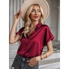 Zeagoo Satin Blouses for Women Silk Button Down Shirts Short Sleeve Tops Work Business Casual Summer Outfits(Wine Red)