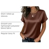 Zeagoo Satin Silk Blouses Short Sleeve Crewneck Top for Women Dressy Casual(Brown)