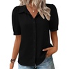 Zeagoo Women Button Down Shirts Puff Short Sleeve Blouses Chiffon Tops(Black-b)