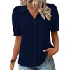 Zeagoo Women Button Down Shirts Puff Short Sleeve Blouses Chiffon Tops(Navy Blue-nb)