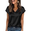 Zeagoo Women Satin V Neck Blouse Cap Short Sleeve Business Casual Top S-2XL(Black)