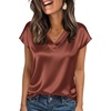 Zeagoo Women Satin V Neck Blouse Cap Short Sleeve Business Casual Top S-2XL(Brown)