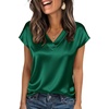 Zeagoo Women Satin V Neck Blouse Cap Short Sleeve Business Casual Top S-2XL(Green)