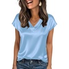 Zeagoo Women Satin V Neck Blouse Cap Short Sleeve Business Casual Top S-2XL(Light Blue)
