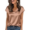 Zeagoo Women Satin V Neck Blouse Cap Short Sleeve Business Casual Top S-2XL(Light Coffee)
