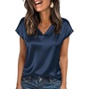 Zeagoo Women Satin V Neck Blouse Cap Short Sleeve Business Casual Top S-2XL(Navy Blue)