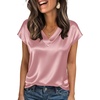 Zeagoo Women Satin V Neck Blouse Cap Short Sleeve Business Casual Top S-2XL(Pink)