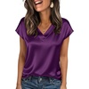 Zeagoo Women Satin V Neck Blouse Cap Short Sleeve Business Casual Top S-2XL(Purple)